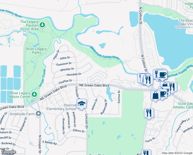 map of restaurants, bars, coffee shops, grocery stores, and more near 711 Trinity Circle in Arlington