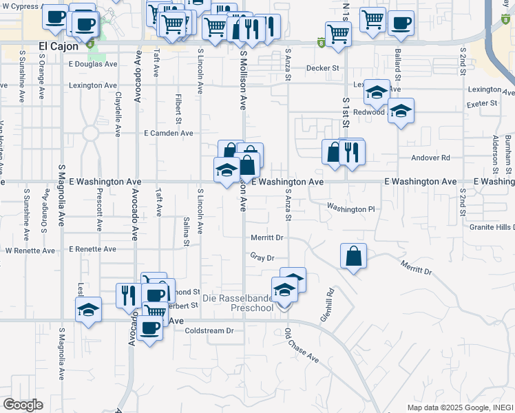 map of restaurants, bars, coffee shops, grocery stores, and more near 749 South Mollison Avenue in El Cajon