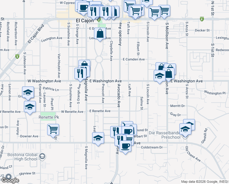 map of restaurants, bars, coffee shops, grocery stores, and more near 792 Avocado Avenue in El Cajon