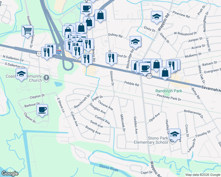 map of restaurants, bars, coffee shops, grocery stores, and more near 525 Stinson Drive in Charleston