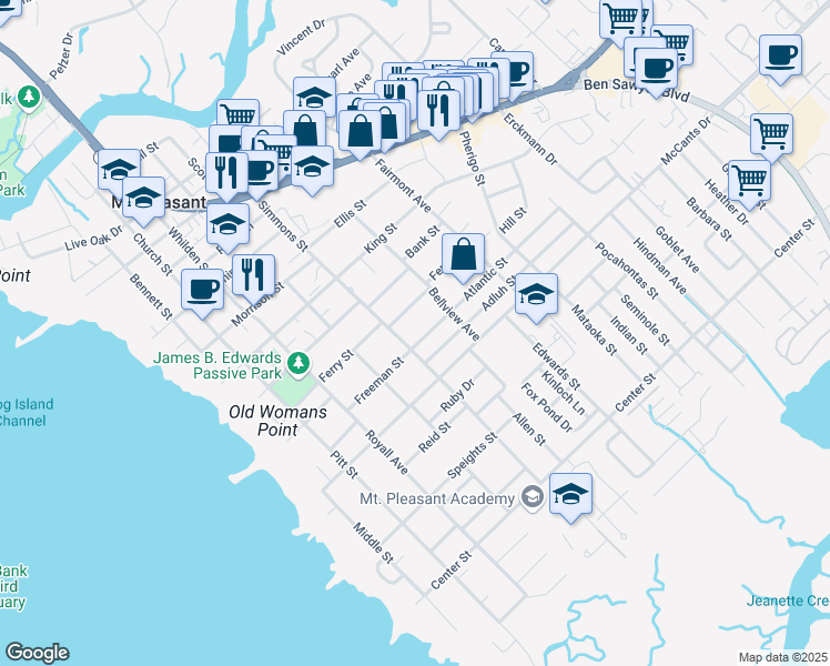 map of restaurants, bars, coffee shops, grocery stores, and more near 632 Atlantic Street in Mount Pleasant