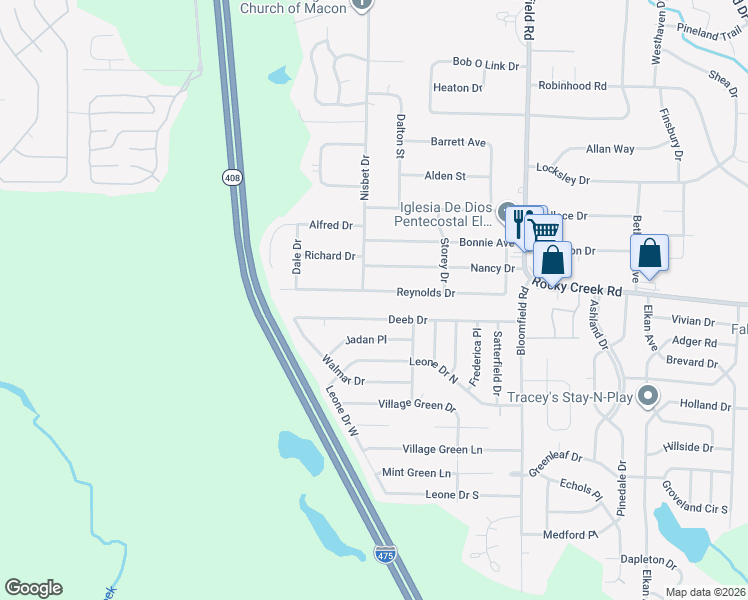 map of restaurants, bars, coffee shops, grocery stores, and more near 2833 Reynolds Drive in Macon