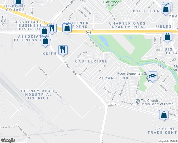 map of restaurants, bars, coffee shops, grocery stores, and more near 1423 Yorkshire Drive in Mesquite