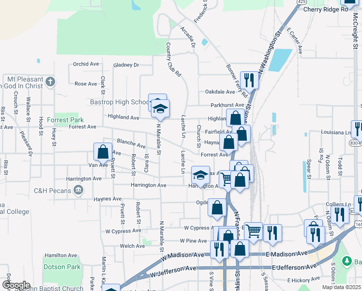 map of restaurants, bars, coffee shops, grocery stores, and more near 909 Larche Lane in Bastrop