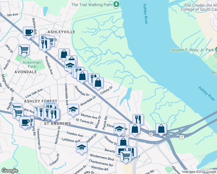 map of restaurants, bars, coffee shops, grocery stores, and more near 870 Colony Drive in Charleston