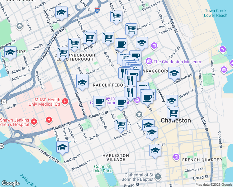 map of restaurants, bars, coffee shops, grocery stores, and more near 124 Coming Street in Charleston