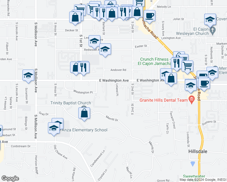 map of restaurants, bars, coffee shops, grocery stores, and more near 794 Leland Place in El Cajon