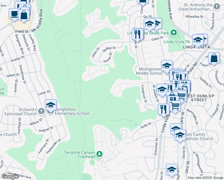 map of restaurants, bars, coffee shops, grocery stores, and more near 6470 Lanston Street in San Diego