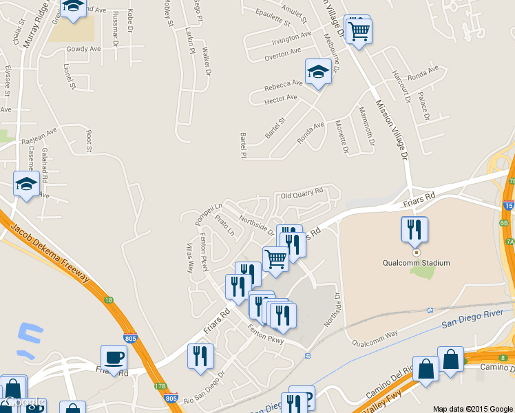 map of restaurants, bars, coffee shops, grocery stores, and more near 2754 Bellezza Drive in San Diego
