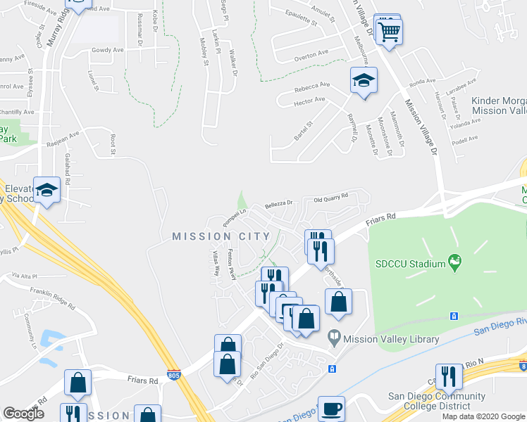 map of restaurants, bars, coffee shops, grocery stores, and more near 2754 Bellezza Drive in San Diego