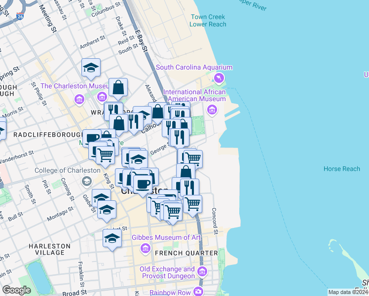 map of restaurants, bars, coffee shops, grocery stores, and more near 332 East Bay Street in Charleston