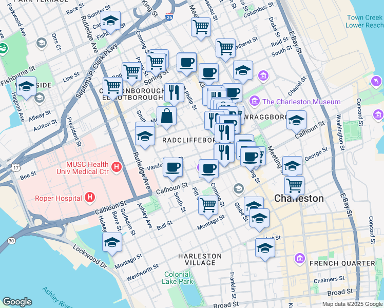 map of restaurants, bars, coffee shops, grocery stores, and more near in Charleston