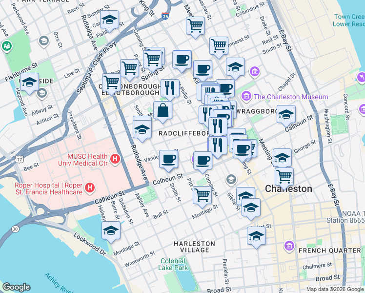 map of restaurants, bars, coffee shops, grocery stores, and more near in Charleston