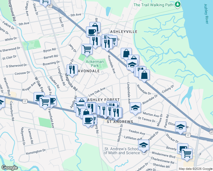 map of restaurants, bars, coffee shops, grocery stores, and more near Bear Avenue in Charleston