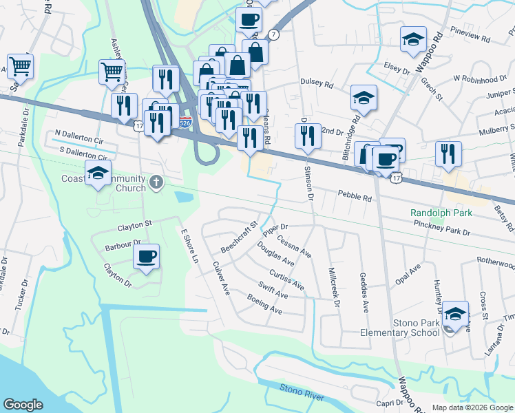 map of restaurants, bars, coffee shops, grocery stores, and more near 11 Gourdin Street in Charleston