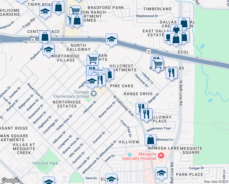 map of restaurants, bars, coffee shops, grocery stores, and more near 1732 North Galloway Avenue in Mesquite