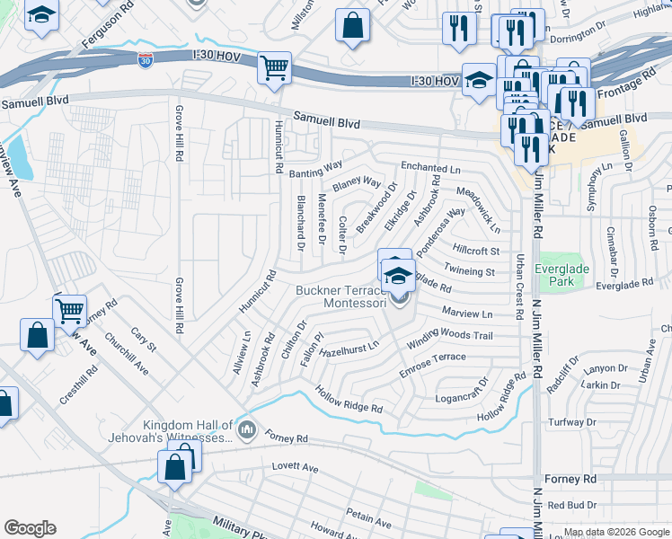 map of restaurants, bars, coffee shops, grocery stores, and more near 5249 Everglade Road in Dallas