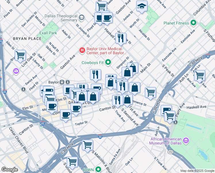 map of restaurants, bars, coffee shops, grocery stores, and more near 3712 Race Street in Dallas