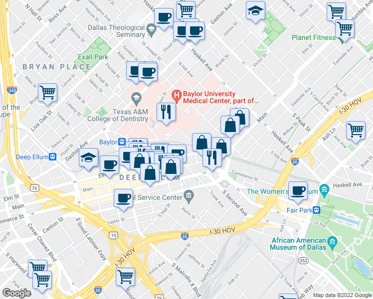 map of restaurants, bars, coffee shops, grocery stores, and more near 3309 Elm Street in Dallas