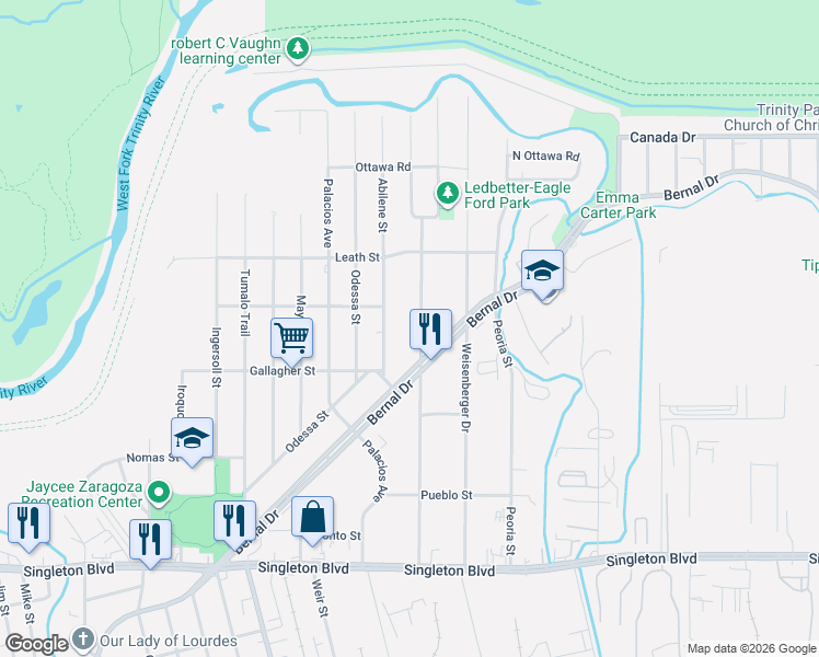map of restaurants, bars, coffee shops, grocery stores, and more near 3622 Abilene Street in Dallas