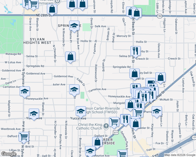 map of restaurants, bars, coffee shops, grocery stores, and more near 1817 Brittain Street in Fort Worth