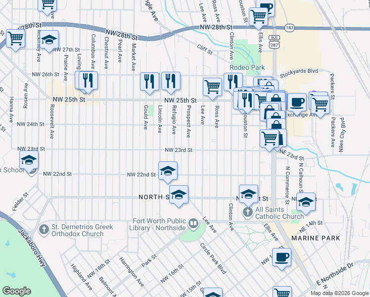 map of restaurants, bars, coffee shops, grocery stores, and more near 2308 Refugio Avenue in Fort Worth