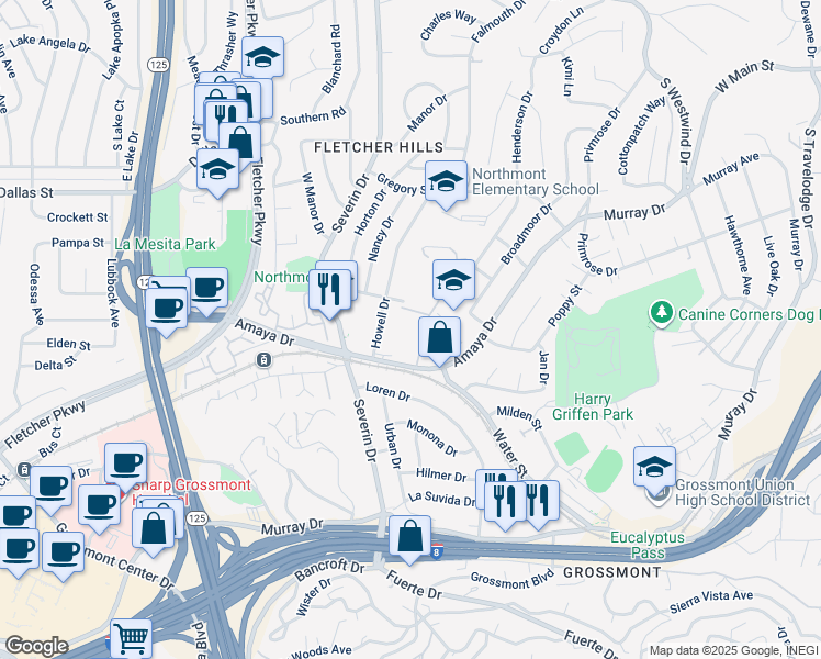 map of restaurants, bars, coffee shops, grocery stores, and more near 5750 Amaya Drive in La Mesa