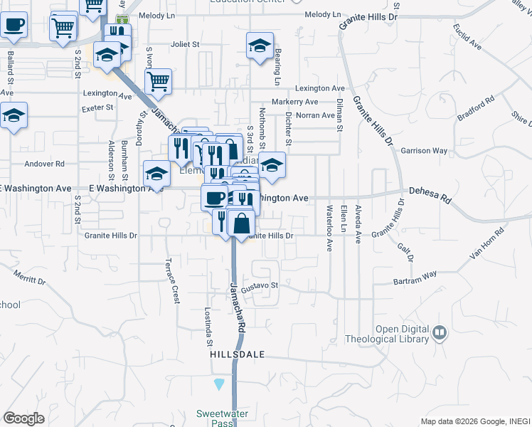 map of restaurants, bars, coffee shops, grocery stores, and more near 1522 Granite Hills Drive in El Cajon