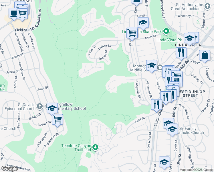 map of restaurants, bars, coffee shops, grocery stores, and more near 6470 Lanston Street in San Diego