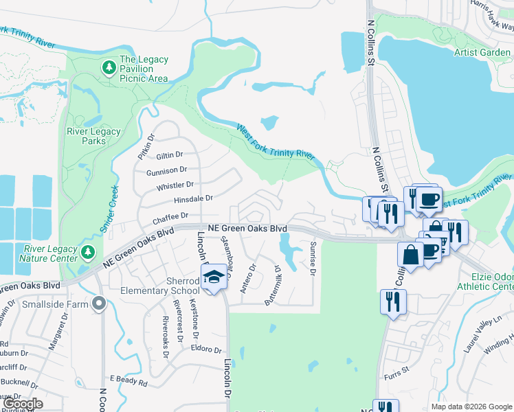 map of restaurants, bars, coffee shops, grocery stores, and more near 711 Trinity Circle in Arlington
