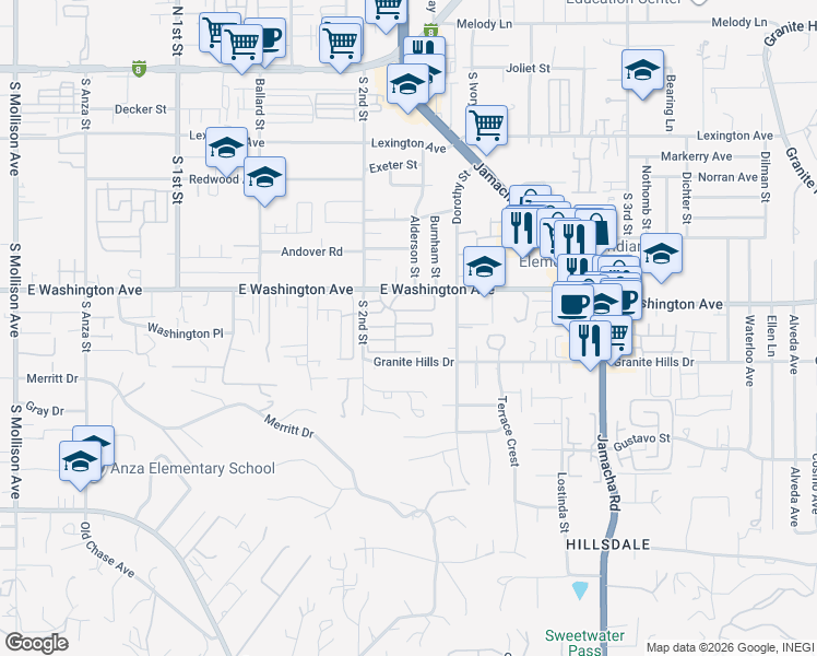 map of restaurants, bars, coffee shops, grocery stores, and more near 1285 East Washington Avenue in El Cajon