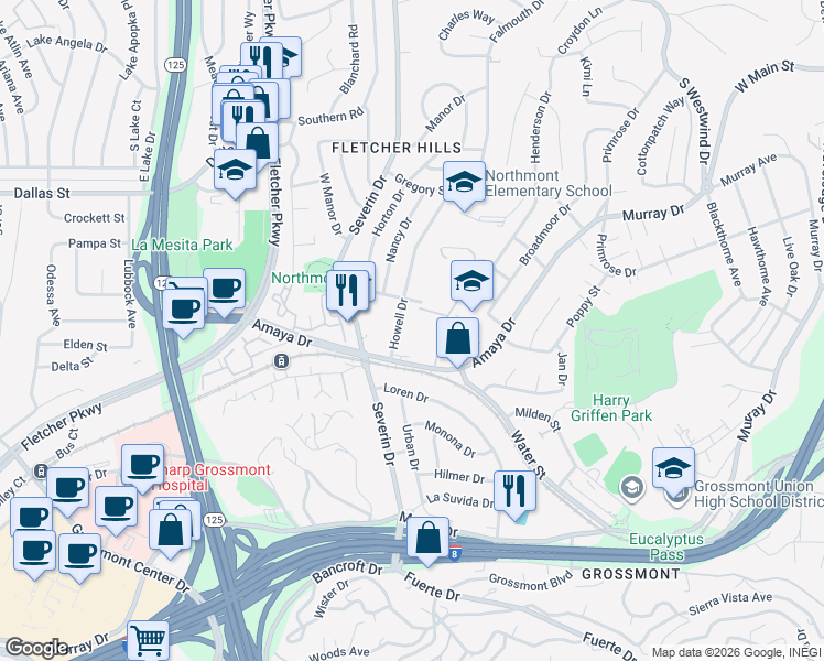 map of restaurants, bars, coffee shops, grocery stores, and more near 5931 Howell Drive in La Mesa