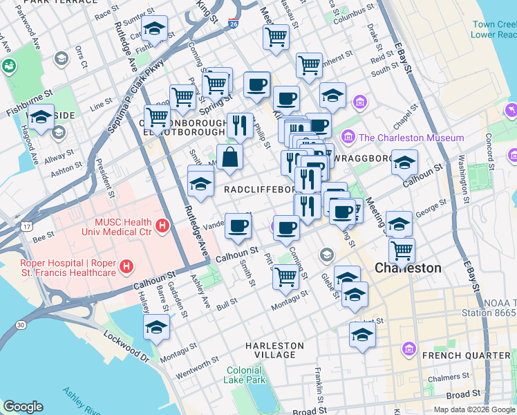 map of restaurants, bars, coffee shops, grocery stores, and more near in Charleston