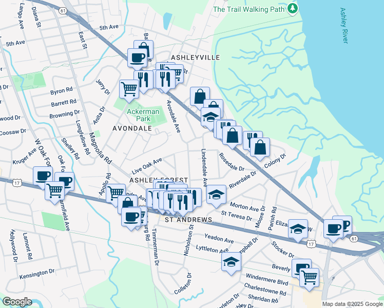 map of restaurants, bars, coffee shops, grocery stores, and more near 36 Avondale Avenue in Charleston