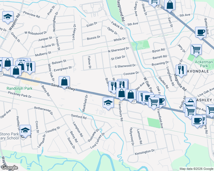map of restaurants, bars, coffee shops, grocery stores, and more near 7 Briarcliff Drive in Charleston