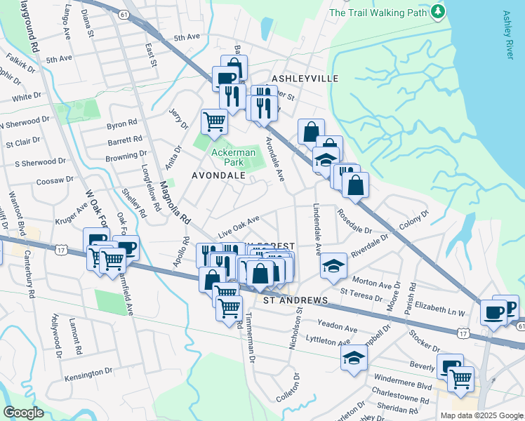 map of restaurants, bars, coffee shops, grocery stores, and more near Bear Avenue in Charleston