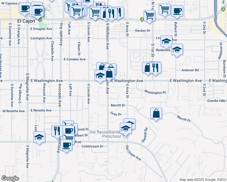 map of restaurants, bars, coffee shops, grocery stores, and more near 749 South Mollison Avenue in El Cajon