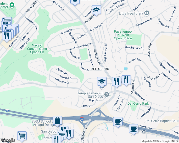 map of restaurants, bars, coffee shops, grocery stores, and more near 6034 Wenrich Drive in San Diego