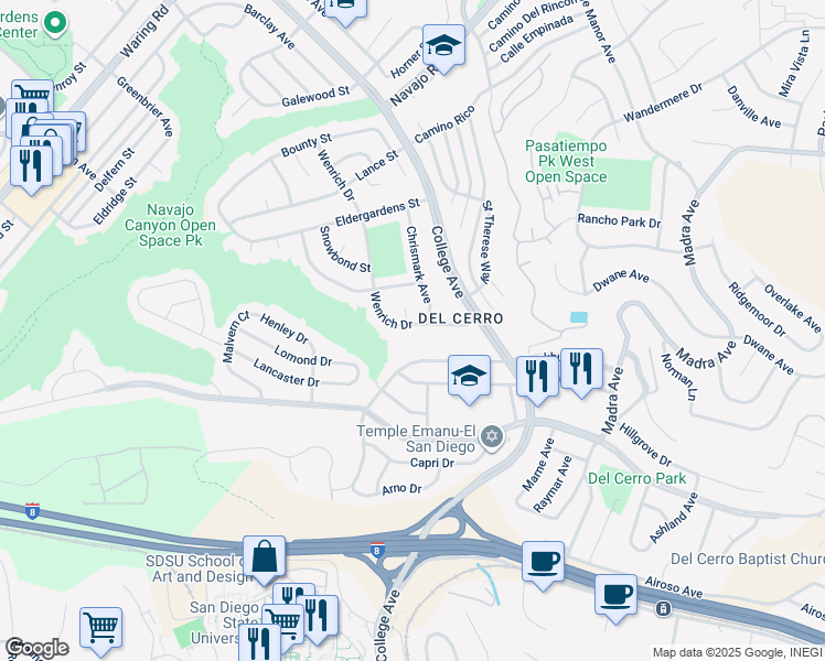 map of restaurants, bars, coffee shops, grocery stores, and more near 6034 Wenrich Drive in San Diego