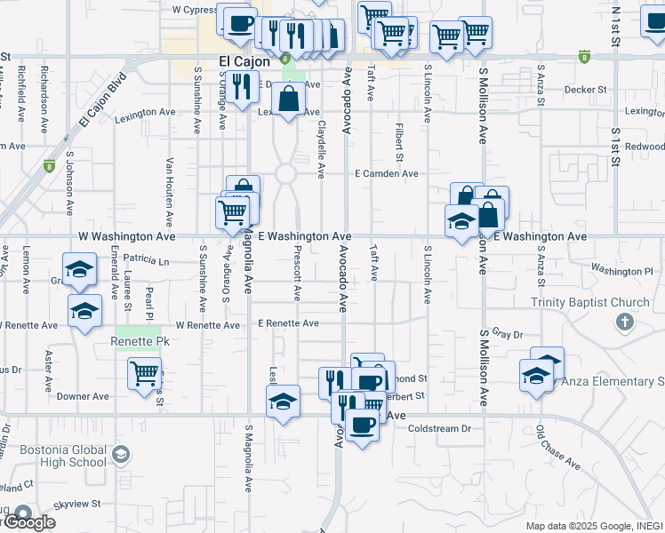 map of restaurants, bars, coffee shops, grocery stores, and more near 792 Avocado Avenue in El Cajon