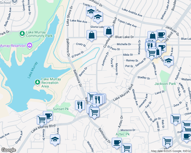 map of restaurants, bars, coffee shops, grocery stores, and more near 7715 Ropalt Street in La Mesa