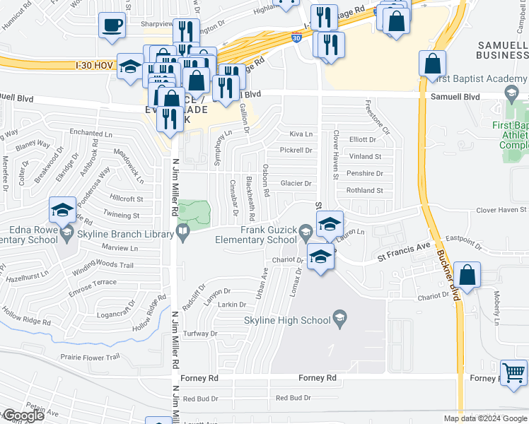 map of restaurants, bars, coffee shops, grocery stores, and more near 4211 Osborn Road in Dallas