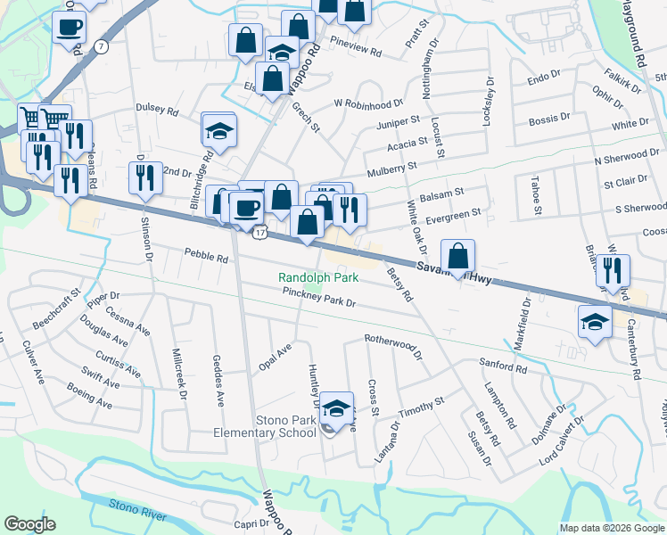 map of restaurants, bars, coffee shops, grocery stores, and more near 1669 Savannah Highway in Charleston