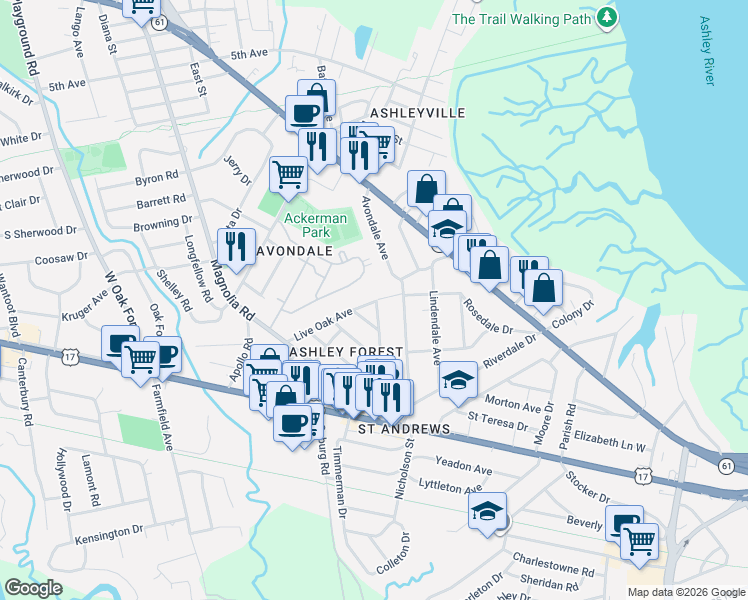 map of restaurants, bars, coffee shops, grocery stores, and more near 47 Avondale Avenue in Charleston