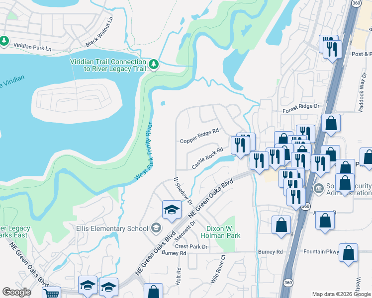 map of restaurants, bars, coffee shops, grocery stores, and more near 2919 West Shadow Drive in Arlington