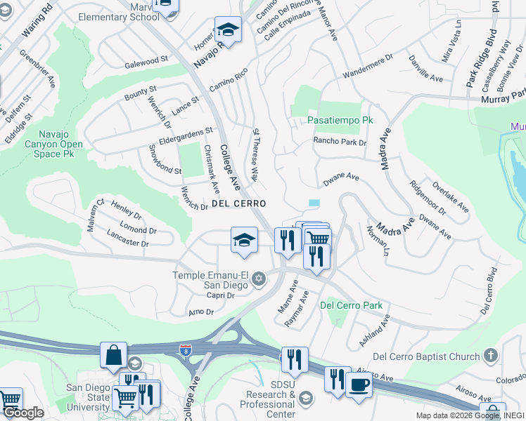 map of restaurants, bars, coffee shops, grocery stores, and more near 5861 College Avenue in San Diego