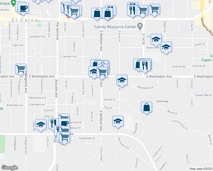map of restaurants, bars, coffee shops, grocery stores, and more near 725 South Mollison Avenue in El Cajon