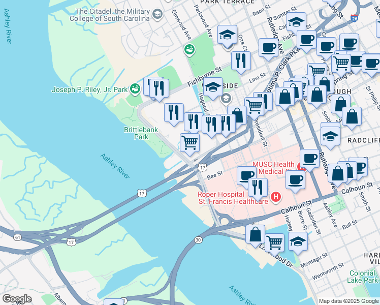 map of restaurants, bars, coffee shops, grocery stores, and more near 250 Spring St in Charleston