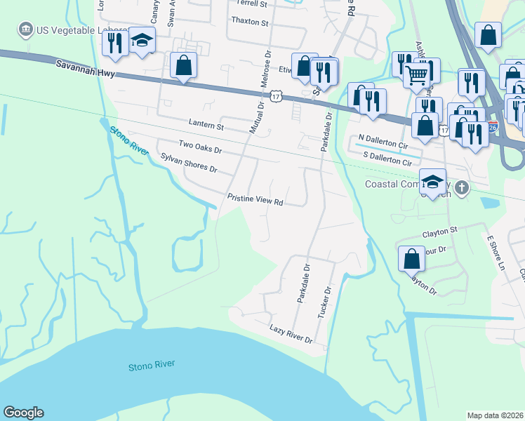 map of restaurants, bars, coffee shops, grocery stores, and more near 2309 Pristine View Road in Charleston