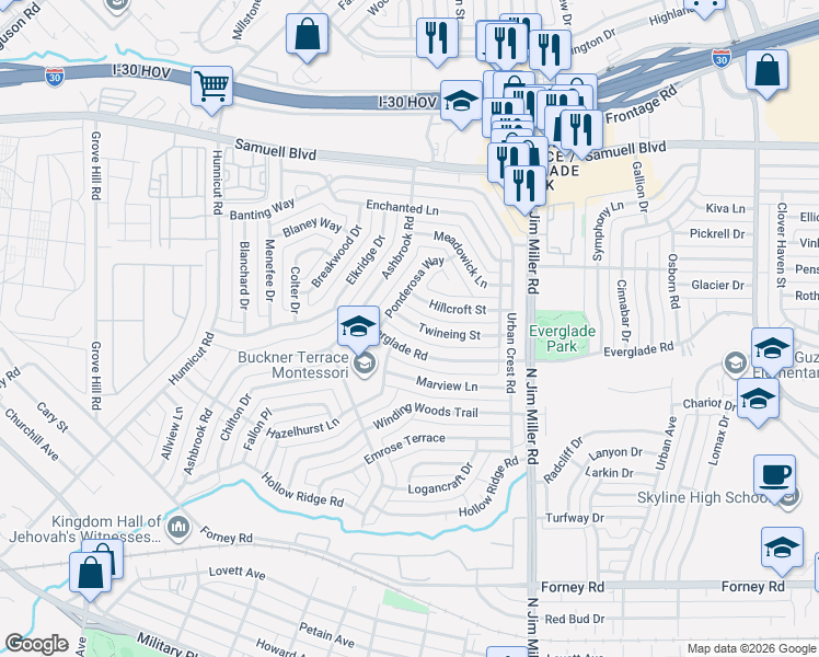 map of restaurants, bars, coffee shops, grocery stores, and more near 5611 Twineing Street in Dallas